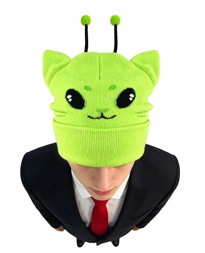 Alien Cat Ears Beanie, Green Hat Knit Meme Gifts Cute Funny Crazy Hats for Costume Accessories Adults