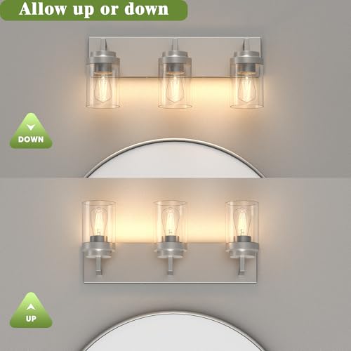 Image of Bathroom Lighting Fixtures, 3-Light Bathroom Vanity Lights Over Mirror, Brushed Nickel Vanity Light with Glass Shade, Modern Vanity Lighting Fixtures for Bathroom, Bedroom, Hallway