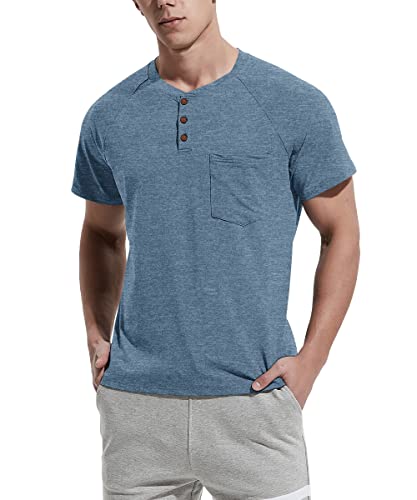 Nitagut Men's Summer Casual T-Shirts Front Placket Raglan Short Sleeve Henley Shirts With Pocket Xl, Blue #TOP1
