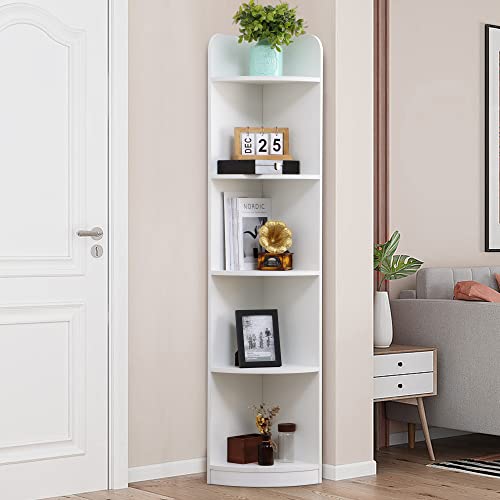 Fun Memories 5-Tier Corner Bookshelf - 63" Tall Modern Free-Standing Corner Bookcase - Durable Wood Corner Cabinet And Plant Shelf In Clean White For Living Rooms, Bedrooms, Kitchens And Offices #TOP3