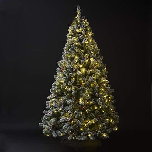 7ft/210cm Premium Christmas Tree Snowy Flocked Windsor Pinecones & Berries Multi-Function Pre lit 380 LEDs