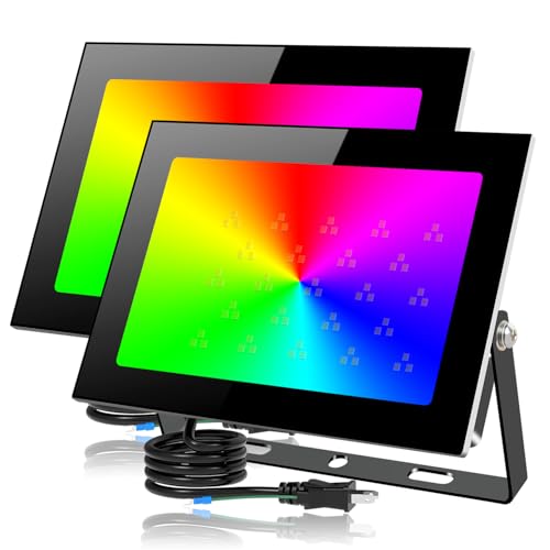 50W RGB 投光器 カラーライト フラッドライト RGB + 2700K 暖色光照明 5000lm 祝日雰囲気と日常照明兼用 IP66 防水 調光可能 16 種カラー 8 種モード 4 つタイマー 100V 50/60Hz PSE 認証済 日本語説明書（2個）