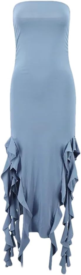 Women's Irregular Ruffle Edge Patchwork Pleated Sleeveless Strapless Dress