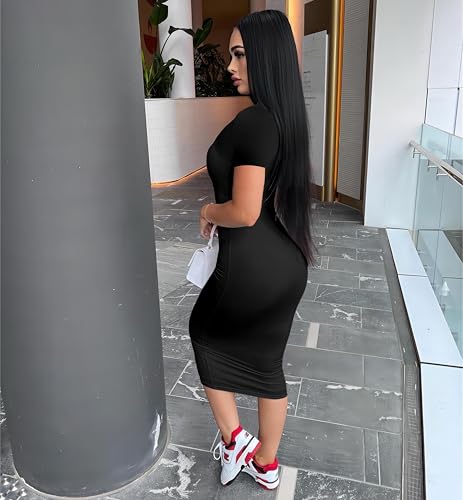 Image of Nimsruc Womens Summer Casual Sexy Short Sleeve Bodycon Dress Basic Pencil Midi Club Dresses