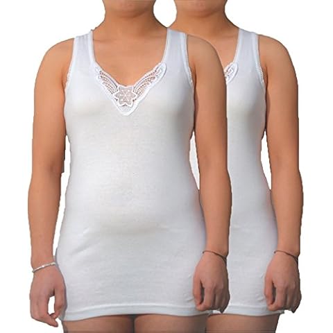 BestSale247 Pack of 4 / 8 Women's Vests - Tank Top in White Extra Long with Beautiful Lace Made from 100% Combed Cotton without Side Seams - Sizes 36-38 to 56-58 - - 14-16 Cover