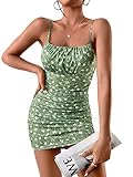 Milumia Women's Ditsy Floral Ruched Cami Mini Dress High Waist Spaghetti Strap Pencil Dress Green