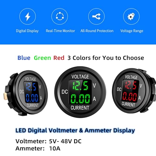 12V-24V DC LED Digital Voltmeter Ammeter, Waterproof Round Volt Amp Meter, Car Battery Voltage Meter Tester, Automotive Replacement Battery Gauge Monitor for Marine Boat Motorcycle Truck RV (Red) by Generic - Used condition - Image 4