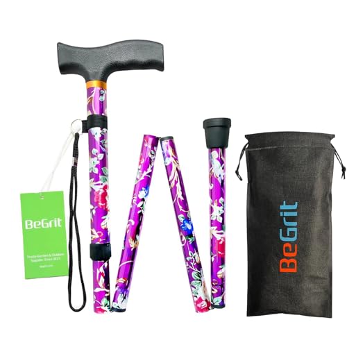 BeGrit Canne de Marche Pliable Réglable pour Femme Canne Pliante Fleur Violet Cadeaux Parents Maman pour Homme et Femme Canne pour Marcher Aluminium Bâton de...