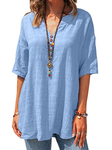 Fangetey Women's Short Sleeve Shirt Casual V-Neck Tee Blouse Cotton Linen Loose Summer Tops Blue #TOP1