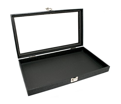 Novel Box Large Glass Top Black Leatherette Metal Clasp Jewelry Display Case 14.75X8.25X2.1 + Nb Cleaning Cloth #TOP3