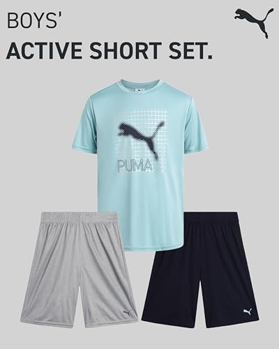 Image of PUMA Boys Active Short Set - 3 Piece Short Sleeve Logo Graphic Tee and Poly Interlock Mesh Shorts for Boys (Sizes: 4-16)