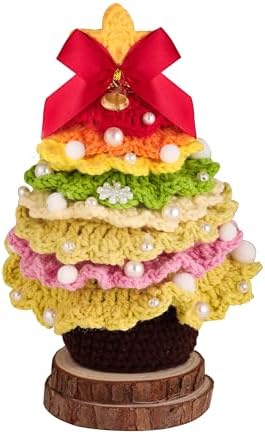 Small Tabletop Christmas Tree, Handmade Crochet Artifical Christmas Decorations Tree with Wooden Base for Birthday Holiday Home Office Decor Gifts for Mom Daughter Dad Friends (Yellow)
