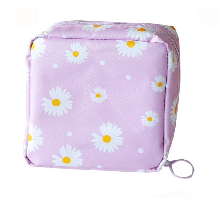 Luxula Portable Mini Fashion Nursing Sanitary Napkin Pouch Pad Holder Zipper Travel Cosmetic Makeup Jewellery Storage Bag for Girl and Women (Daisy-Purple)-image-18
