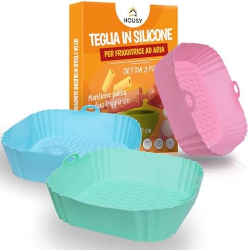 HOUSY 3 Teglie Quadrate per Friggitrice ad Aria - Accessori in Silicone - Contenitori per Cestello 20x20cm (20x20cm Quadrate)