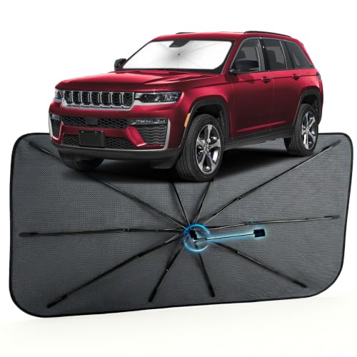 Image of Car Windshield Sun Shade for Grand Cherokee 4XE 22-26,Foldable Car Sunshade | For Front Window,Car Shades Umbrella with Reflective Coated Fabric, Sun Visor Keep Car Cool&Protects Interior,1:1 Exact Fit