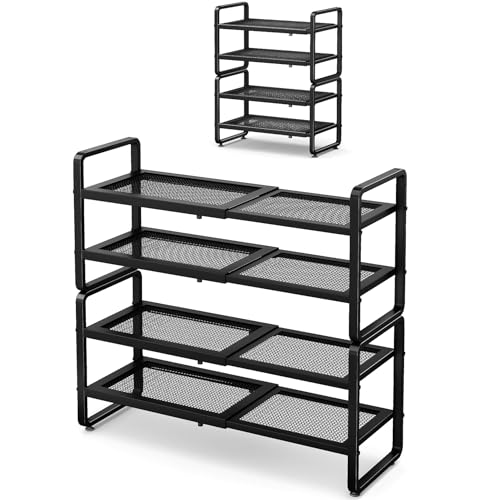 SNTD Shoe Rack - Expandable Shoe Organizer for Closet, Adjustable Metal Shoe Shelf Storage, Stackable Long Shoe Stand Holder for Garage, Entryway, Door Entrance (Black, 4-Tier)