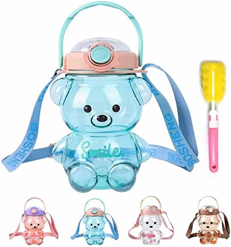 Chagoo Teddy Bear Water Bottle, Bear Water Bottle, Kawaii Bear Straw Bottle With Straw And Carrying Loop, Adjustable Removable Shoulder Strap For Girls School Outdoor Travel (Blue/1400ml)