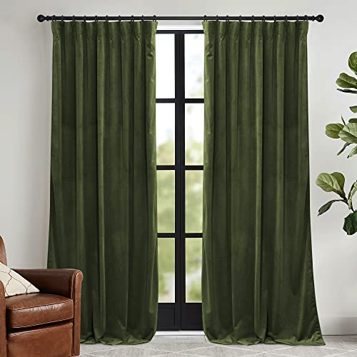 Image of RYB HOME Olive Green Velvet Curtains with Hook Tape, Thermal Insulated Privacy Protect Decorative Drapes for Home Theater, W 62 x L 84 inches, 2 Panels Set | Thermal Insulated, Privacy UV Heat Blocking, Back Tab, Drapes for Sliding Patio Door, W62 x L84, Olive Green, 2 Panels