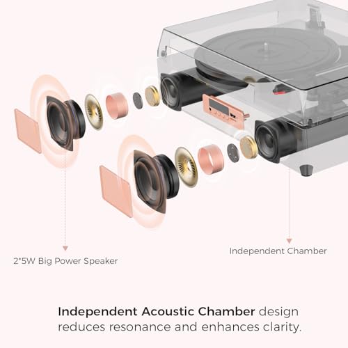 Image of Vinyl Record Player 3-Speeds 3-Sizes Turntable with Built-in Speakers, USB Recording, Bluetooth Playback, RCA Output, AUX Input, Plug & Play, White & Rose Gold Design (Larger Size)