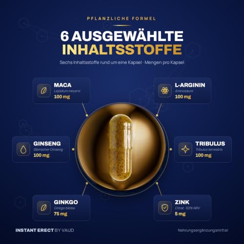 INSTANT ERECT by VAUD® Männer Formel | Mit Maca, Tribulus, Ginseng, Ginkgo, L-Arginin und Zink | Nahrungsergänzung | 15 Kapseln