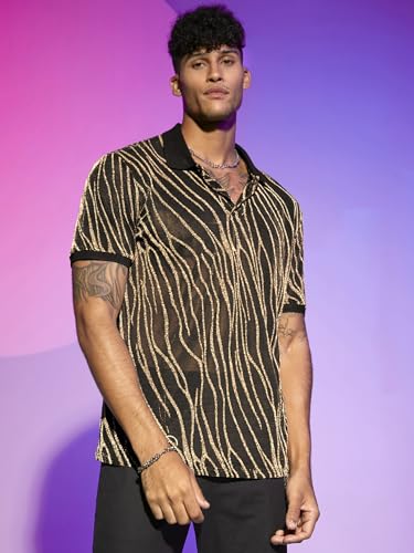 WDIRARA Men's Marble Print Glitter Mesh Sheer Collared Short Sleeve Tee Top Striped Party T Shirt4