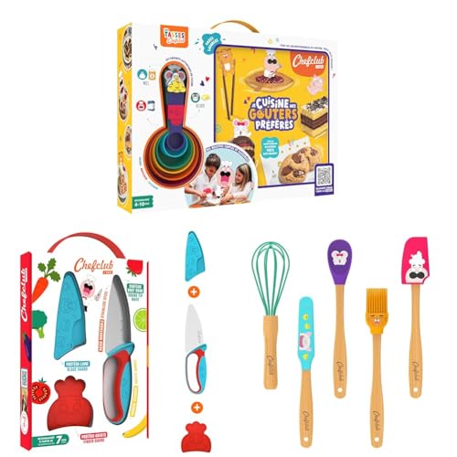 Chefclub Kids - Couteau Sécurisé + Kit 5 Mini-Ustensiles + Coffret 25 Recettes & Tasses Doseuses - Apprentissage Cuisine Enfants - Ustensiles Ergonomiques et Silicone Sans BPA - Cadeau Enfant 4 Ans+