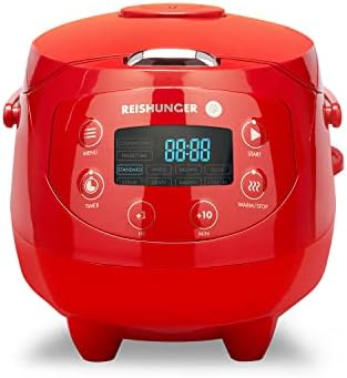 Reishunger Digital Mini Rice Cooker & Steamer, Red with Keep-Warm Function & Timer - 3.5 Cups - Small Rice Cooker Japanese Style with Ceramic Inner Pot - 8 Programs - 1-3 People