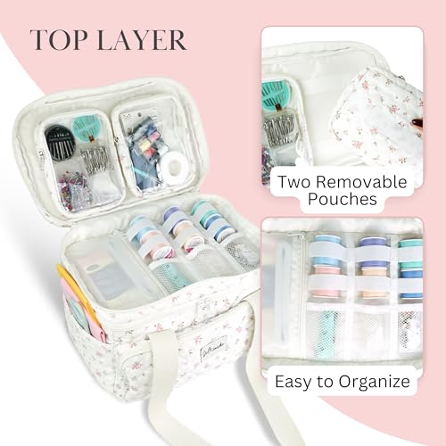 Image of Double Layer Sewing and Craft Supply Organizer w /Customizable Dividers & Removable Pouches - Sewing and Craft Bag w /Pockets & Organizational Compartments -Including Pin Cushion