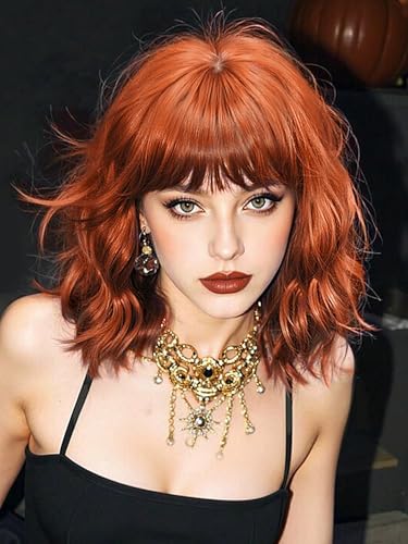 Aokiya Ginger Wavy Wig with Bangs Auburn Orange Curly Synthetic