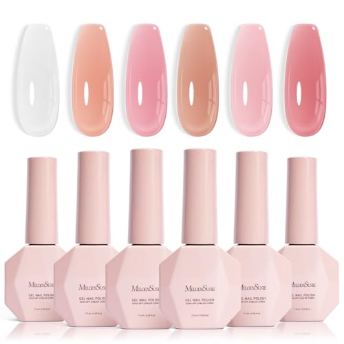 Image of MelodySusie Jelly Gel Nail Polish Set,6 Transparent Colors,Milky or Jelly Texture,Classic Basic Colors Soak Off UV LED Light Cure or Salon Manicure and Nail Art DIY at Home