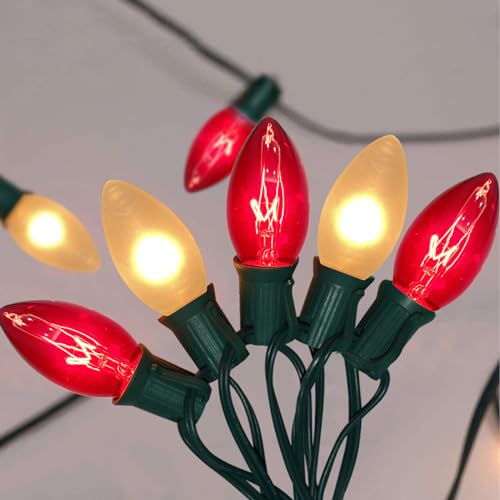 Image of C9 Red and White Christmas String Lights 25Ft C9 Outdoor Christmas Decorations Lights with 26 Red Frosted White Bulbs, Vintage Christmas Light Waterproof for Patio Roofline Party Holiday Garden