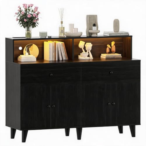 Doppeltcharms 47.2" Coffee Bar Cabinet with LED Lights & Power Outlets, Wood Kitchen Pantry Cabinet with Drawers & Adjustable Shelves, Freestanding Buffet Sideboard Storage Cabinet for Dining Room — view 6