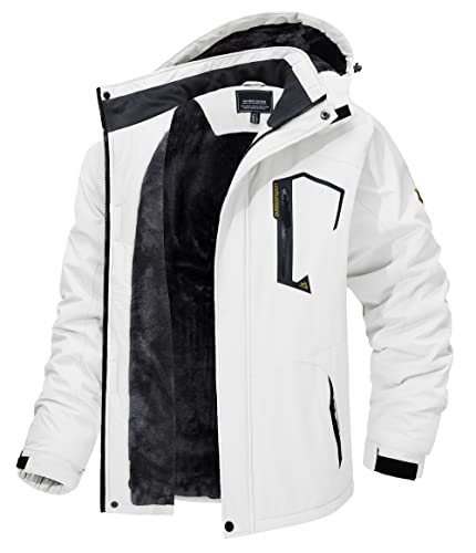 Tacvasen Men's Skiing Jacket With Hood Hiking Fishing Travel Fleece Jacket Parka Coat White, L #TOP8