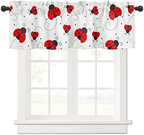 Ladybugs Valances for Windows Ladybug with Dotted Wings Swirls and Curves Animal White Kitchen Valances Rod Pocket Curtain Small Window Treatment for Bathroom/Living Room/Bedroom/Home Decor 54x18in
