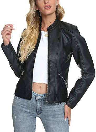Fahsyee Women's Faux Leather Jackets,Black Crop Petite Zip Up Motorcycle Short PU Moto Biker Outwear Stand Collar Fitted Slim Coat, Size L