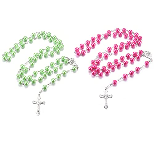 1 chapelet catholique vert foncé + 1 chapelet rose catholique en résine colorée faite à la main style chrétien avec croix vintage Cover