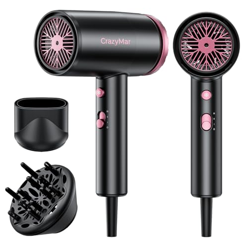 CrazyMar Phon Capelli Professionale,350M Ioni Negativi Asciugacapelli,5X Asciugatura Rapida,Leggero Portatile,3 Velocità/Temperature - per Casa, Salone,Viaggiatori e Parrucchieri (Nero)