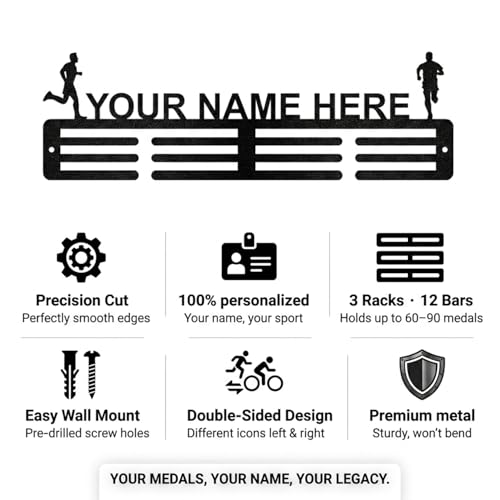 Image of Sehaz Artworks Personalised Medal Hangers for Wall with Name & Icons | Custom Medal Holder Display | Wall Mount Medal Rack for Athletes | Holds 60 Medals | Running, Cricket, Badminton, Academic & More