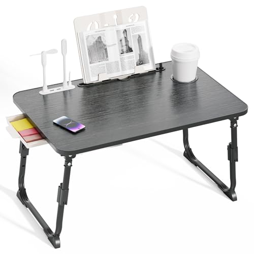 BTGGG Laptop Bed Table Height Adjustable, Upgraded Bed Desk with USB Charge Port & Side Drawer, Portable Lap Desk for Sofa with Tablet Slot & Cup Holder, Laptop Stand for Working Reading (Black)