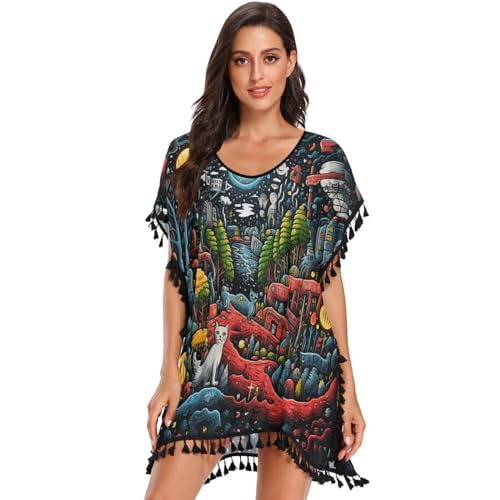 Abstract Moonlight Art Forest Women's Beach Cover Up Chiffon Tassel Swimwear Swimsuit Coverups for Girl