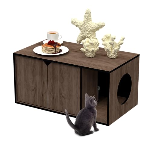 HEPIL Cat Litter Box Enclosure, Litter Box Furniture Hidden with Scratch Pad and Divider, Dark Woodgrain, 31" x 15.35" x 15.35", Fit Most of Litter Box, Made of Recycled Materials