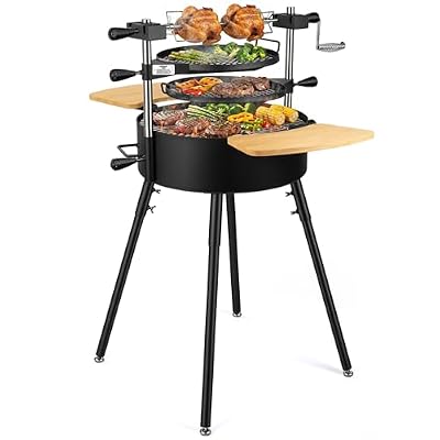 BIG HORN Santa Maria Grill, Portable Argentinian Parrilla with Adjustable Height & 360° Rotating Grates, Charcoal Open Fire BBQ Grill with Rotisserie for Camping, Patio & Backyard