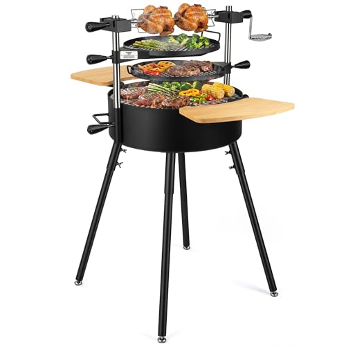 BIG HORN Santa Maria Grill, Portable Argentinian Parrilla with Adjustable Height & 360° Rotating Grates, Charcoal Open Fire BBQ Grill with Rotisserie for Camping, Patio & Backyard