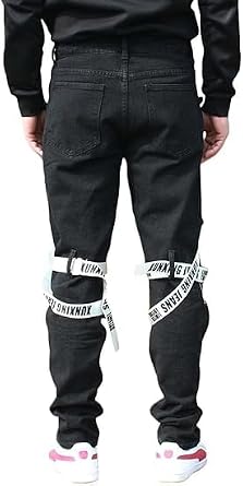 Men's Straight Leg Patchwork Jeans Hip Hop Slim Fit Ribbons Ripped Jeans Trousers with Zip Cargo Denim Pants