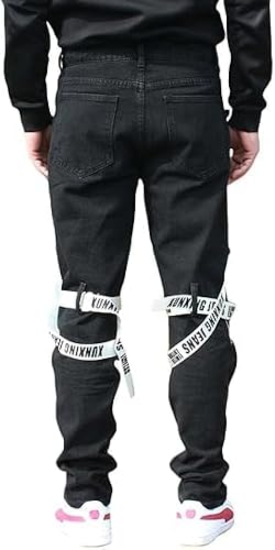 Men's Straight Leg Patchwork Jeans Hip Hop Slim Fit Ribbons Ripped Jeans Trousers with Zip Cargo Denim Pants