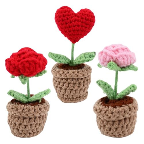 Cretvestsar 3Pcs Crochet Flowers Handmade Crochet Sunflower Knitted Tulip Rose Flowers for Decorating Rooms, Office, Desktop Ornament, Cars, for Women Girls (C)