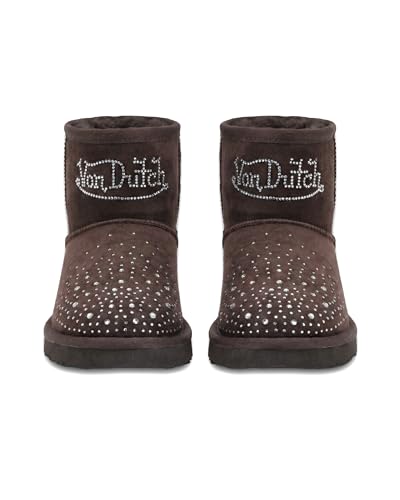 Von Dutch Rhinestone Shearling Boots for Women - Faux Suede Mini Ankle Boots with Sparkle Crystals and Plush Fleece Lining - Comfortable Winter Slip On Shoes (Mocha, 8.5)