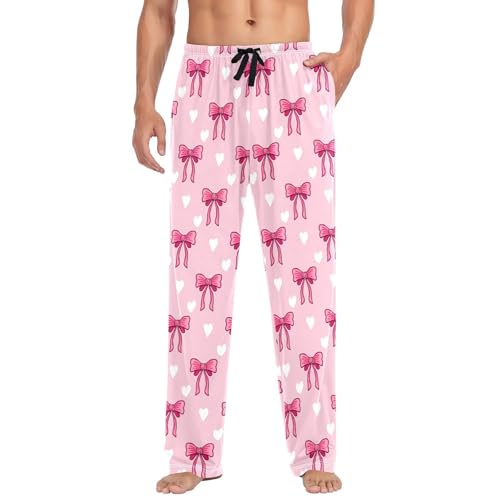 Men's Cute Pink Bows Pajama Pants with Pockets - Straight Fit Cotton Sleep Bottoms for Lounge & Nightwear#35 - Main Image