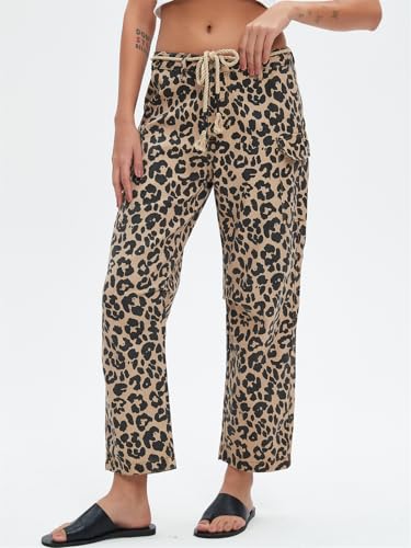 Distressed Baggy Jeans for Woman Leopard Mid Waist Wide Leg Denim Cargo Pants with Pockets Drawstring4