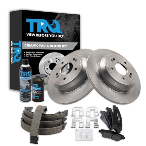 Image of TRQ Rear Brake Pad & Rotor Kit, with Chemical Kit Parking Brake Shoe Set Ceramic Compatible with 2017 Genesis G80 2015-2016 Hyundai
